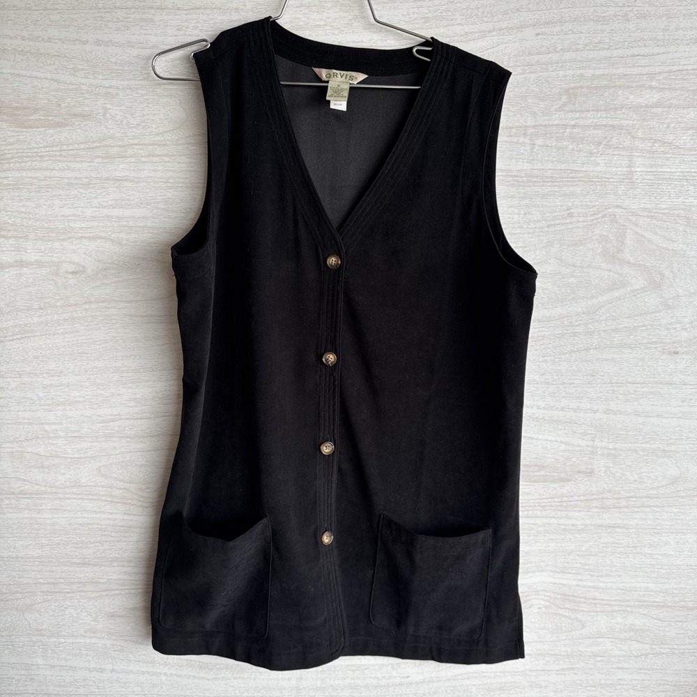 Orvis Black Suede Button Down Vest With 2 Pockets Sz Med